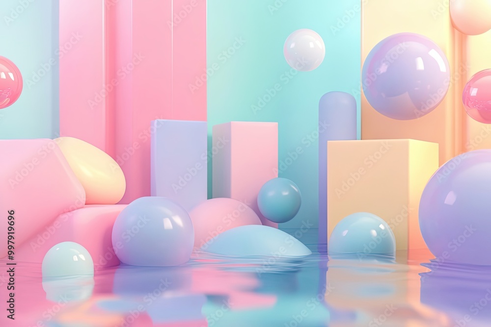Abstract Pastel 3D Render with Spheres and Geometric Shapes Submerged in Water Abstract Pastel 3D Render with Spheres and Geometric Shapes Submerged in Water