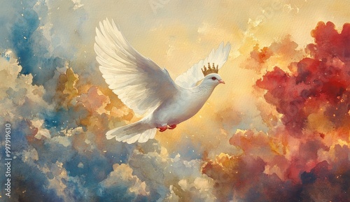 A watercolor painting of a white dove with a gold crown, soaring through a colorful, heavenly sky. It represents the Holy Spirit and Christ's reign. .