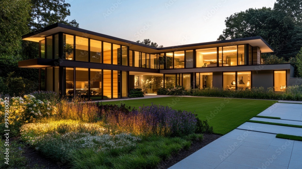 A modern, stylish house with large windows and elegant landscaping, illuminated at dusk, showcasing contemporary architecture and serene outdoor space. A modern, stylish house with large windows and elegant landscaping, illuminated at dusk, showcasing contemporary architecture and serene outdoor space.