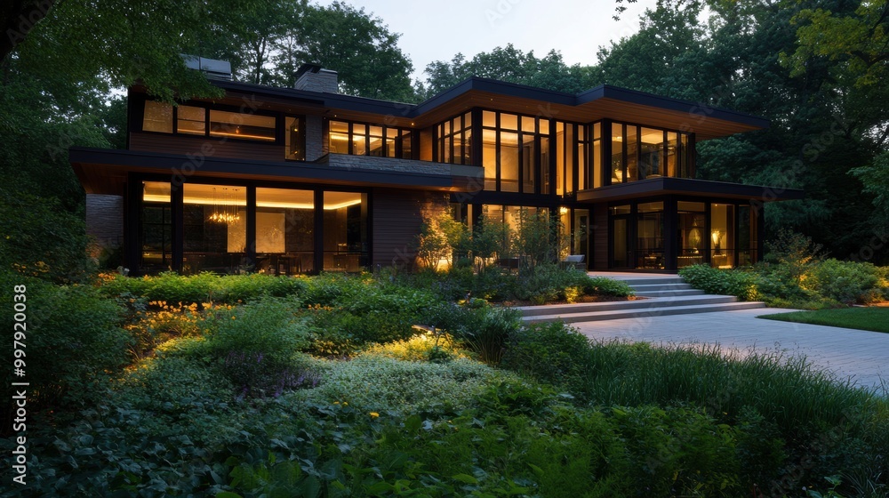 A modern, illuminated house surrounded by lush greenery, showcasing large windows and a contemporary architectural design during twilight. A modern, illuminated house surrounded by lush greenery, showcasing large windows and a contemporary architectural design during twilight.