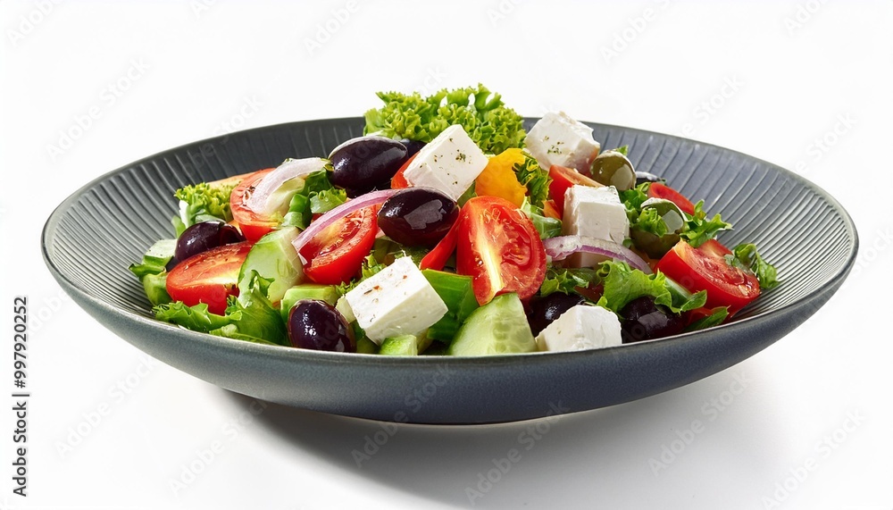 A vibrant and colorful salad: Enjoy the refreshing flavors of tomatoes, cucumbers, red onion, and olives, topped with creamy feta cheese A vibrant and colorful salad: Enjoy the refreshing flavors of tomatoes, cucumbers, red onion, and olives, topped with creamy feta cheese
