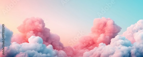 A serene sky filled with fluffy pink and blue clouds, creating a dreamy, pastel atmosphere.