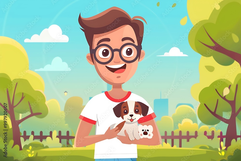 Happy Boy Holding a Puppy in a Cartoon Illustration Happy Boy Holding a Puppy in a Cartoon Illustration
