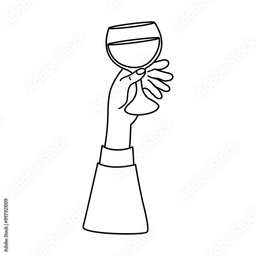 Outline stroke hand with drink in glass. Line drawing, coloring book. Vector illustration