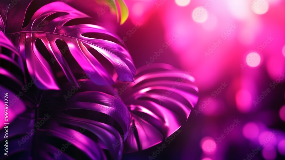 Monstera leaves with a soft gradient background blending from pink to purple, 3D illustration, futuristic vibe, glossy and sleek textures