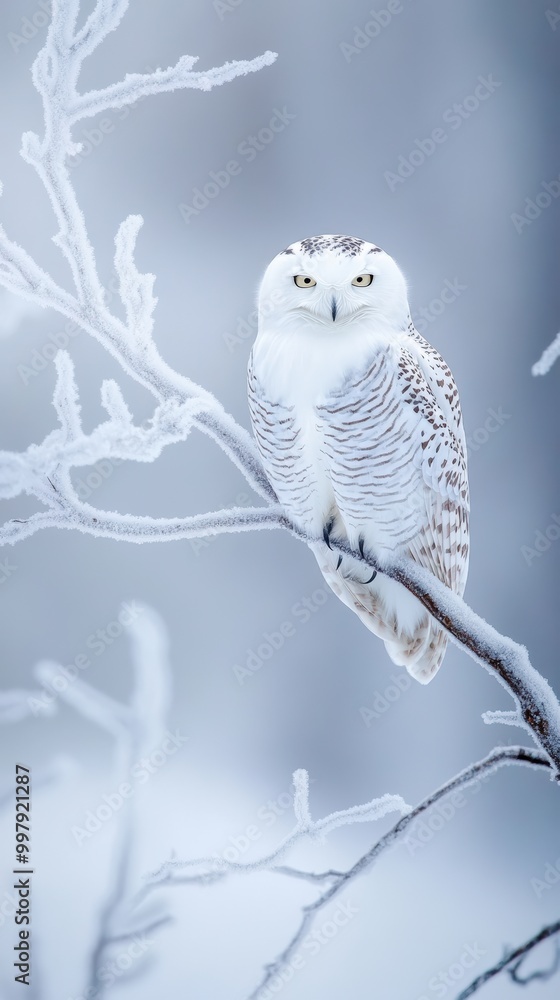 A snowy owl perched on a frozen tree branch in the tundra, its white feathers camouflaging perfectly against the snowy landscape