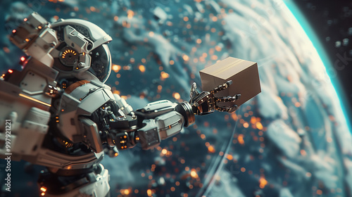 AI robot delivering cargo boxes in space, a futuristic and dynamic scene. The robots have white armor with blue details.  cardboard boxes are being carried in Earth's atmosphere. Future of logistics