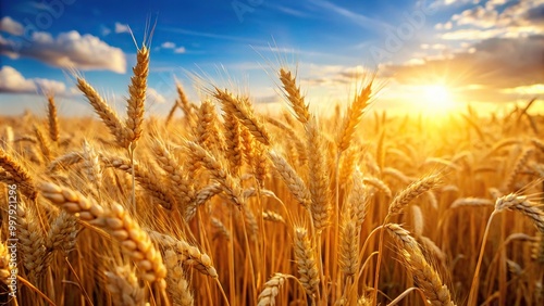 Field of golden wheat swaying in the sunlight