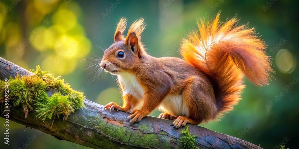 A playful squirrel sits on a tree branch, its fluffy tail waving and curiosity shining in its eyes, A playful squirrel sits on a tree branch, its fluffy tail waving and curiosity shining in its eyes,