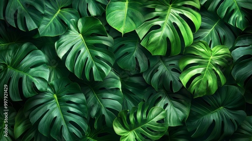 Monstera plant seen from above, leaves framing the image in a flowing natural design, vibrant green with soft shadow play, perfect for nature-inspired banners