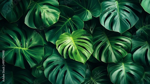 Monstera plant seen from above, leaves framing the image in a flowing natural design, vibrant green with soft shadow play, perfect for nature-inspired banners