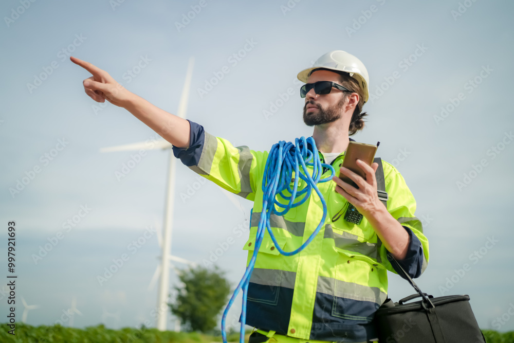 Windturbine inspector wearing Personal protective equipment working at wind turbines farm Windturbine inspector wearing Personal protective equipment working at wind turbines farm