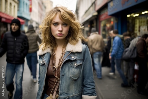 A woman in a blue jacket stands on a street with a crowd of people around her