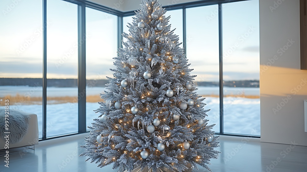 A shimmering silver Christmas tree covered in sparkling icicles, metallic silver baubles, and glossy silver tinsel, placed in a modern home with large windows and a view of a snow-covered landscape, A shimmering silver Christmas tree covered in sparkling icicles, metallic silver baubles, and glossy silver tinsel, placed in a modern home with large windows and a view of a snow-covered landscape,