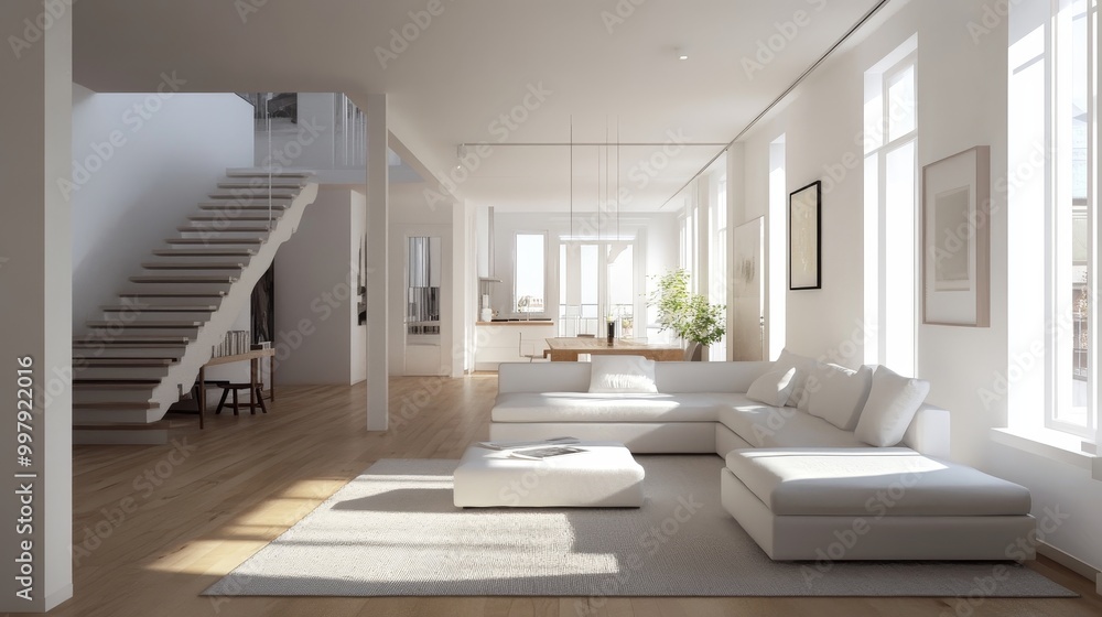 Fototapeta premium A contemporary Scandinavian minimalist living room. The spacious, uncluttered room features white walls and a minimalist white sofa.