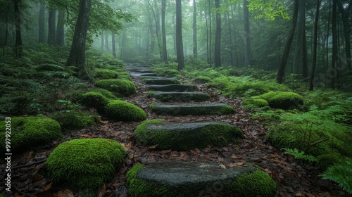 Mossy boulders forming a natural pathway through a quiet forest, bathed in gentle light, with layers of leaves and ferns along the path photo