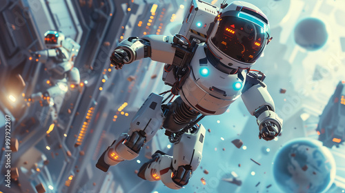  futuristic astronaut ai robot in, flying in space in action. A high-tech spaceship. Innovative exploration of of space. photorealistic 