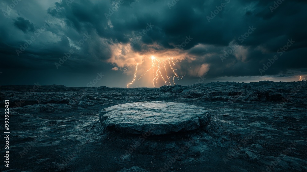 Fototapeta premium Ominous storm clouds swirl above a desolate rocky surface, lightning flashes over a solitary stone podium, casting dramatic shadows