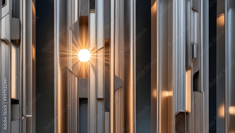 Obraz premium Abstract Architectural Background, Vertical Geometric Shapes, Sun Reflection