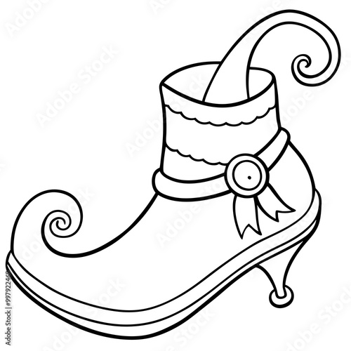 A whimsical, pointed elf shoe with a curled toe and a small bell at the tip out line vector