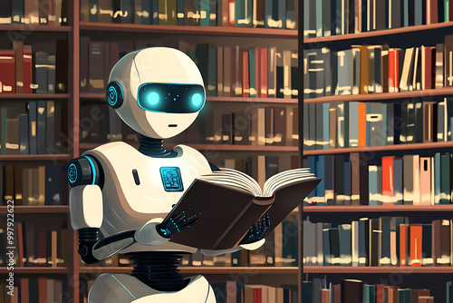 A robot reading a book in a library filled with bookshelves.