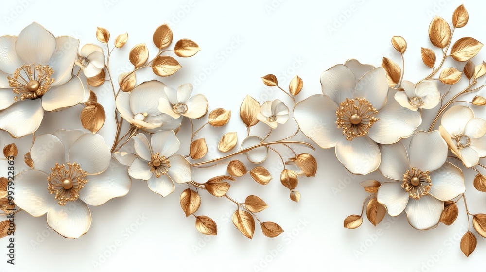 Obraz premium Ornate white gold flower arrangement, delicate metal flowers with intricate stems, minimalistic design, isolated PNG format, pure white backdrop
