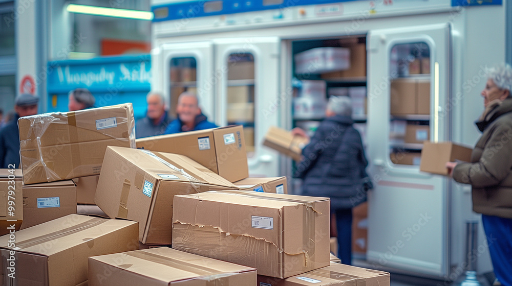photo of Many cardboard boxes with labels stand on in post office. Parcels delivery concept. logistics collapse photo of Many cardboard boxes with labels stand on in post office. Parcels delivery concept. logistics collapse