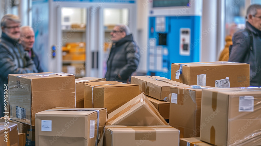 photo of Many cardboard boxes with labels stand on in post office. Parcels delivery concept. logistics collapse photo of Many cardboard boxes with labels stand on in post office. Parcels delivery concept. logistics collapse