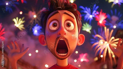 3D Illustration of a Man Surprised by Fireworks