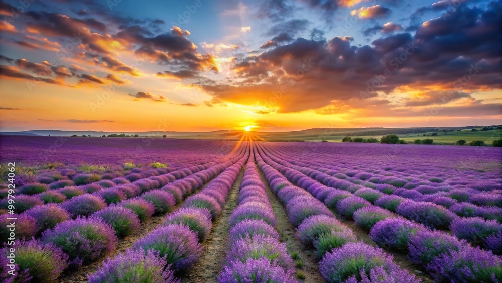 Field of lavender under sunset sky with colorful horizon, bird's eye view Field of lavender under sunset sky with colorful horizon, bird's eye view