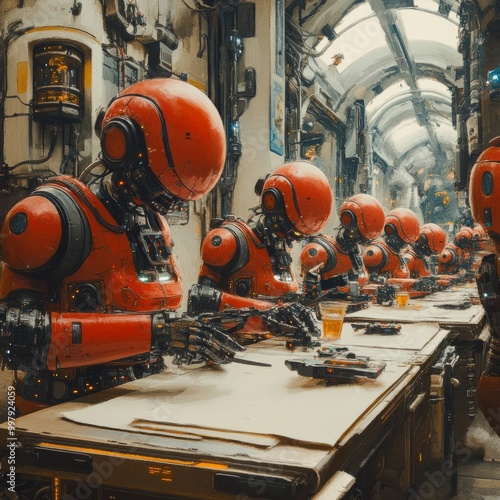 A row of humanoid robots in red working at tables in a futuristic setting.