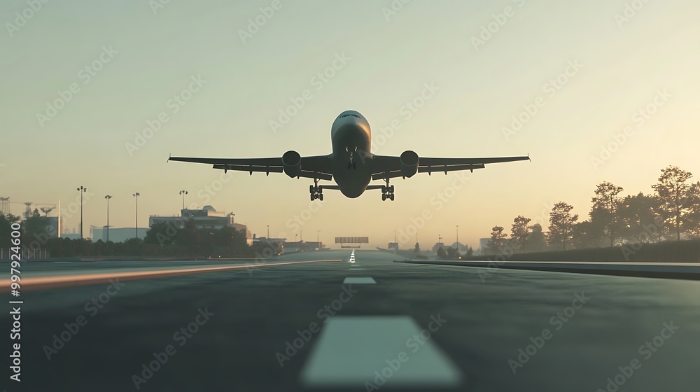 Impressive airplane takeoff from airport runway, captured in stunning detail Impressive airplane takeoff from airport runway, captured in stunning detail