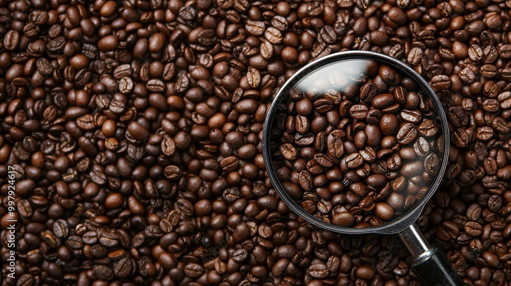 A close-up view of coffee beans, showcasing their texture and sheen through a magnifying glass, set against a backdrop of more beans. A close-up view of coffee beans, showcasing their texture and sheen through a magnifying glass, set against a backdrop of more beans.