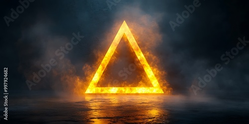 Glowing triangular shape surrounded by smoke and light.