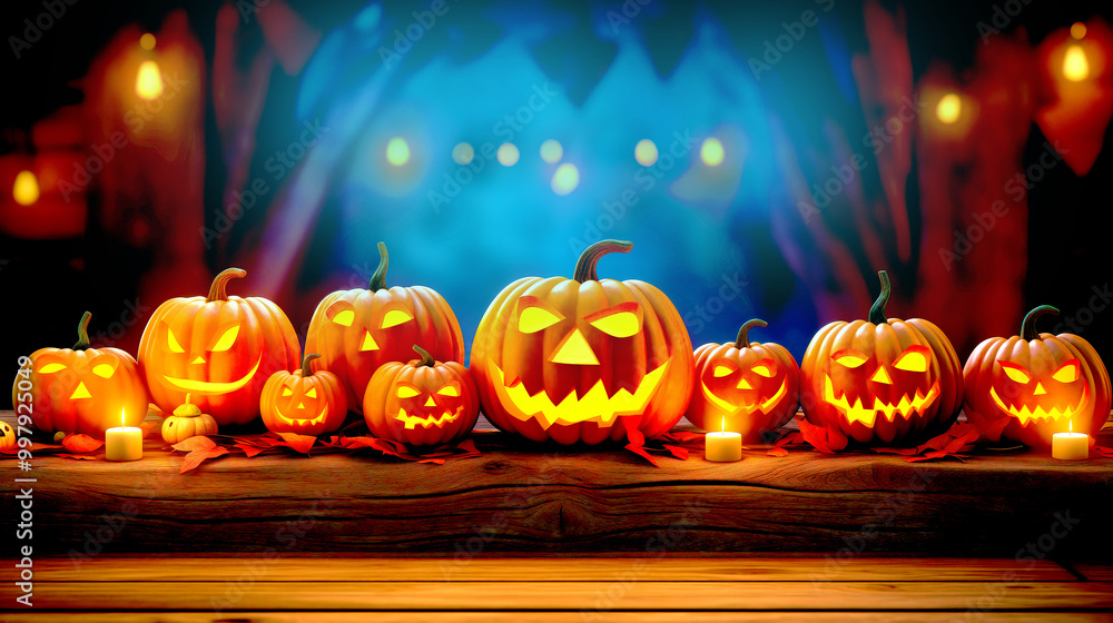 Fototapeta premium Lots of carved glowing pumpkins, Jack-o'-lanterns and colorful fallen leaves on a wooden table and wall, Halloween Party