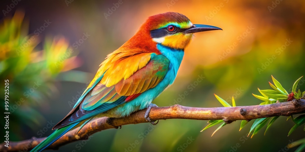 A vibrant jailbird rests gracefully on a branch, surrounded by lush greenery, under a brilliant blue sky, showcasing A vibrant jailbird rests gracefully on a branch, surrounded by lush greenery, under a brilliant blue sky, showcasing