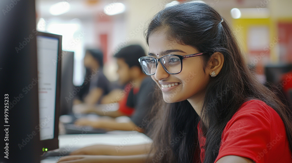 Smiling indian businesswoman working on laptop ,smiling with a poised and approachable expression. Smiling indian businesswoman working on laptop ,smiling with a poised and approachable expression.