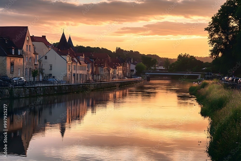 Fototapeta premium Historic town by the river at sunset