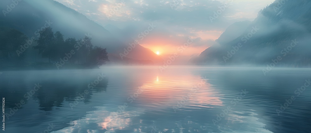 Serene Sunrise Over Misty Mountain Landscape