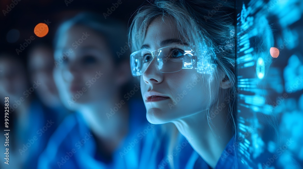 Community members of different ages and backgrounds in blue shirts, collaborating in a modern tech hub, holographic screens showing data on trust and peace, Futuristic, Cool blue and white hues. Community members of different ages and backgrounds in blue shirts, collaborating in a modern tech hub, holographic screens showing data on trust and peace, Futuristic, Cool blue and white hues.