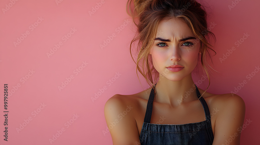 An Angry Young Woman Wearing an Apron, Standing with Her Arms Crossed in a Kitchen, Expressing Frustration and Determination While Preparing a Meal, Highlighting the Challenges and Emotions of Home Co An Angry Young Woman Wearing an Apron, Standing with Her Arms Crossed in a Kitchen, Expressing Frustration and Determination While Preparing a Meal, Highlighting the Challenges and Emotions of Home Co
