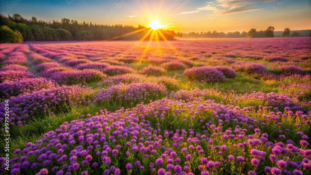 Obraz premium Field of purple flowers with sun shining through grass
