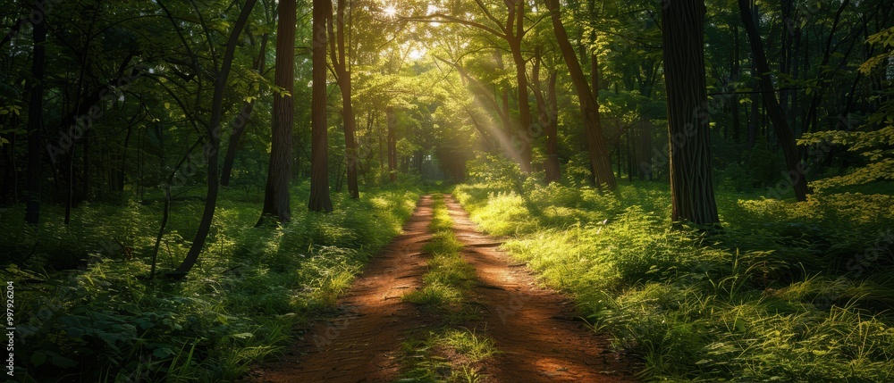 Obraz premium Tranquil Forest Path with Sunlight Rays