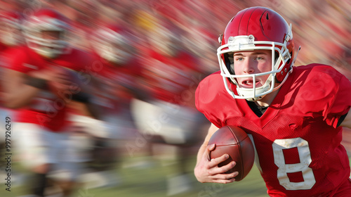 Dynamic Capture of Teenage Boy Running with Football in High School Game, Chased by Teammates and Opponents Amidst Blurred Crowd Background