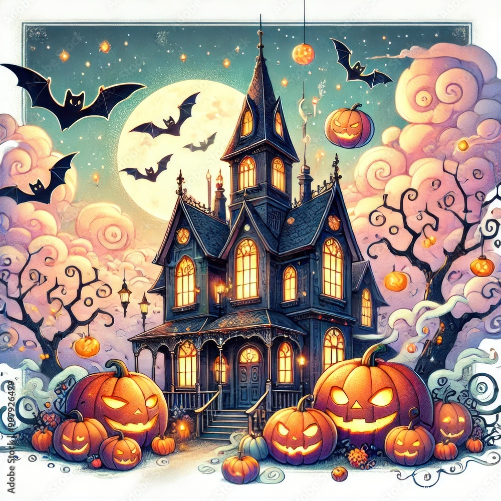 Fototapeta premium Picture a spooky Halloween scene featuring a ghost town under the moonlight with pumpkins scattered around, haunted houses in the distance, and bats flying in the dark sky