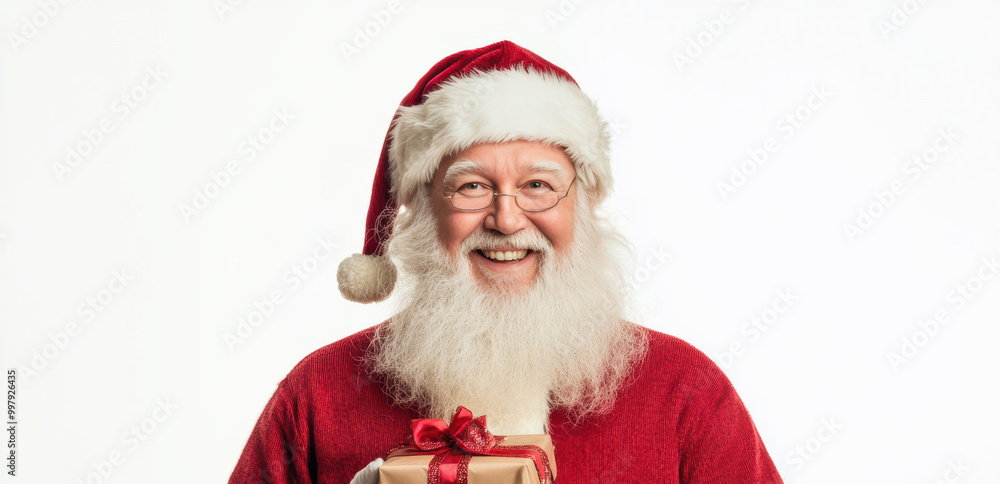 Naklejka premium Santa with a sack of gifts and a warm smile brings festive magic, ideal for holiday marketing and seasonal offers.