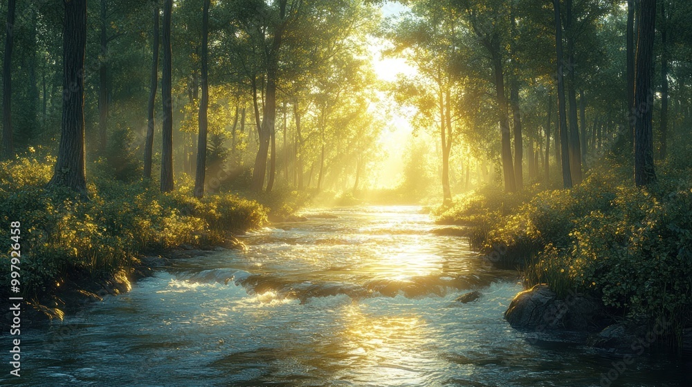 Obraz premium Sunlit Stream in a Forest
