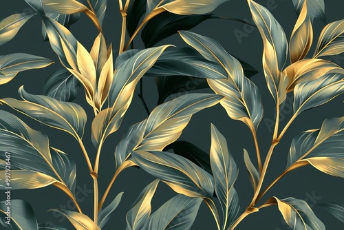 A seamless pattern of exotic leaves with a dark background. The leaves are gold and green, with intricate details.