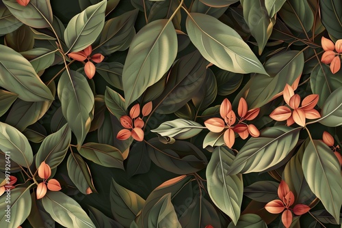 Create a seamless tropical leaf pattern with a painterly style. The leaves should be dark green and the flowers should be a bright reddish orange.