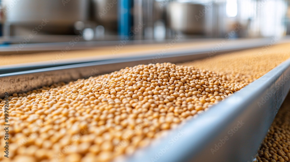 A close-up of yellow grains in a production line, showcasing the texture and arrangement in a processing facility. A close-up of yellow grains in a production line, showcasing the texture and arrangement in a processing facility.